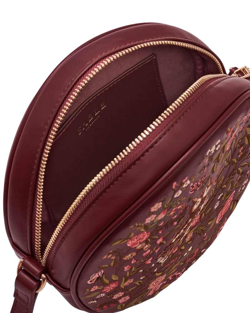 Chloe Owl Embroidered Circle Bag in Burgundy