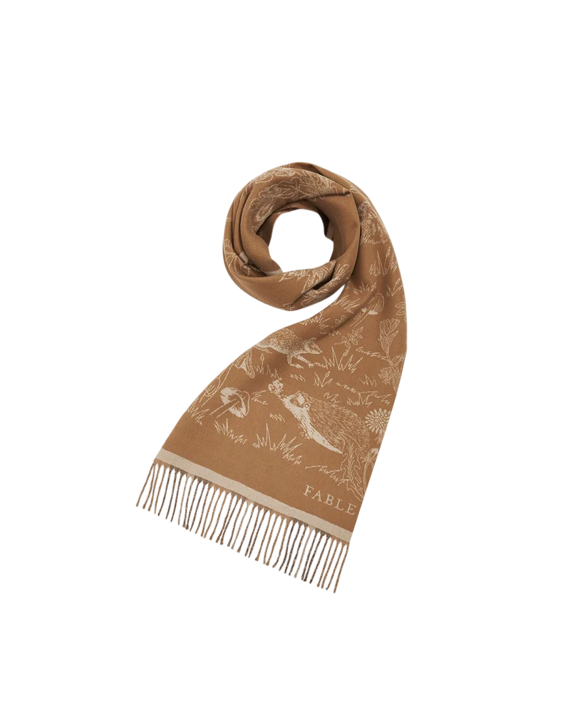 Woodland Scene Check Jacquard Long Scarf in Tan