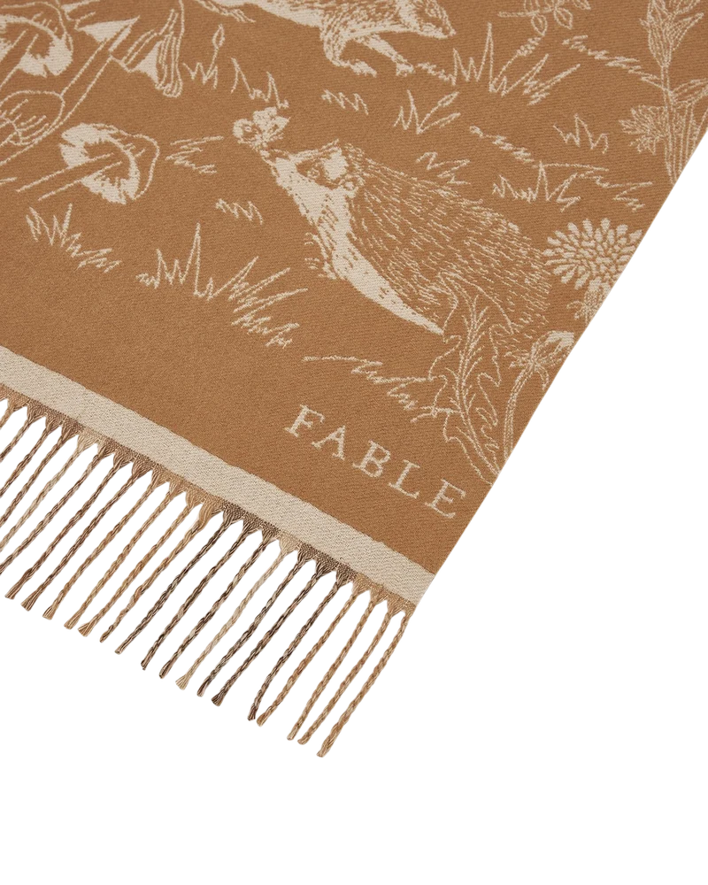 Woodland Scene Check Jacquard Long Scarf in Tan