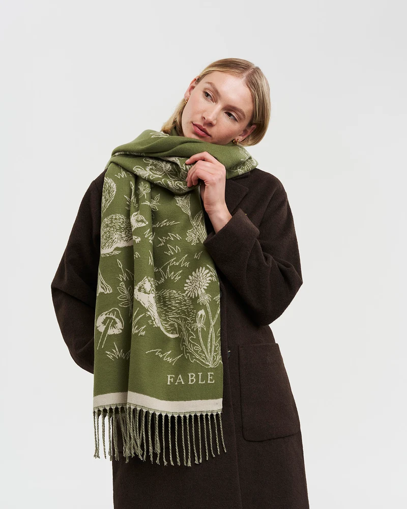 Woodland Scene Check Jacquard Long Scarf in Khaki
