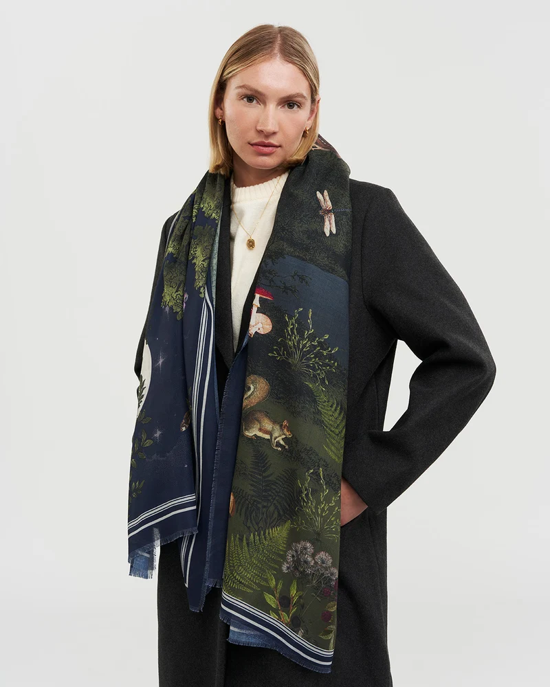 Woodland Meadow Large Rectangle Scarf in Navy