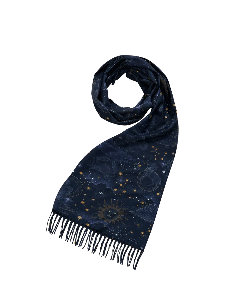 Zodiac Long Fringed Scarf in Navy