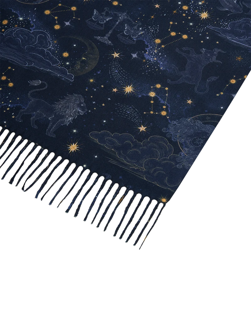 Zodiac Long Fringed Scarf in Navy