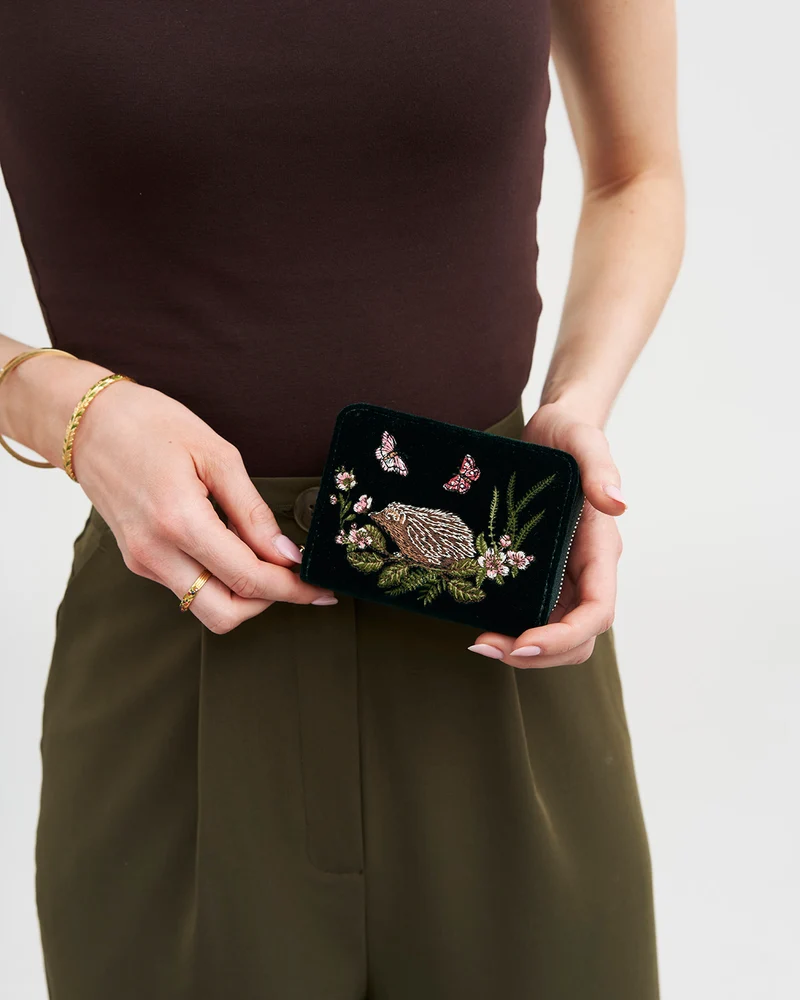 Hedgehog Embroidered Small Purse in Forest Green Velvet