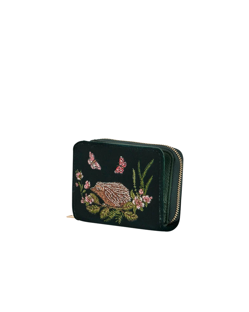 Hedgehog Embroidered Small Purse in Forest Green Velvet
