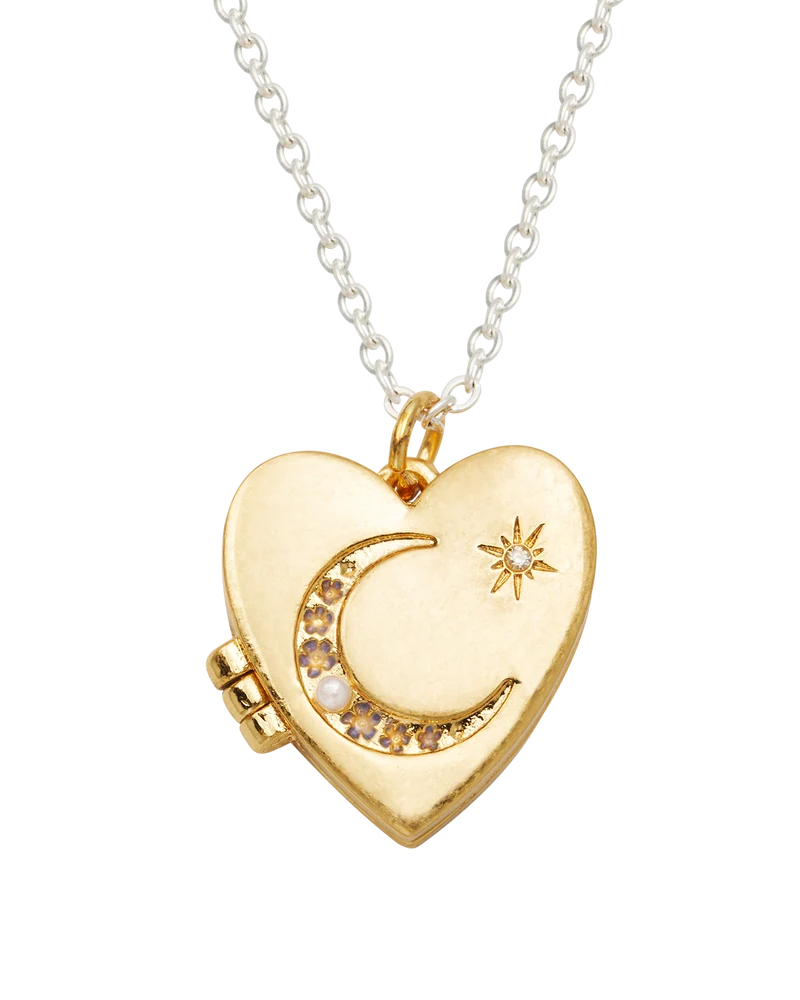 Selene Moon & Periwinkle Locket Necklace in Gold