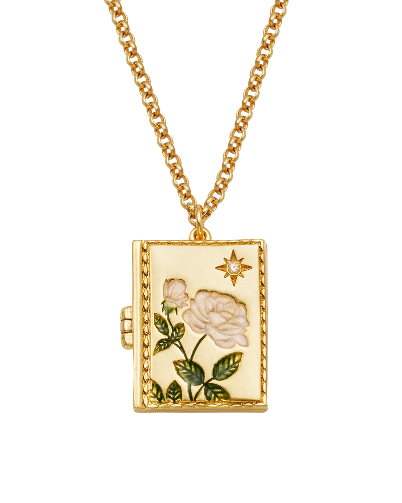 White English Rose Locket Necklace in Gold
