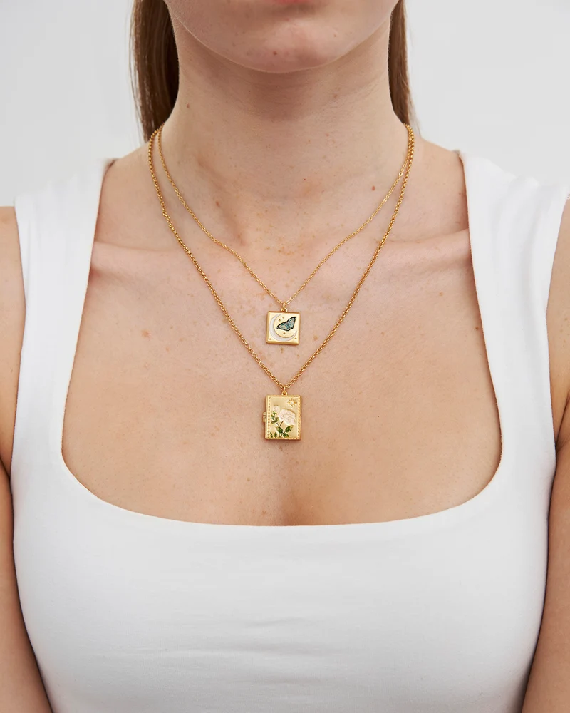 White English Rose Locket Necklace in Gold