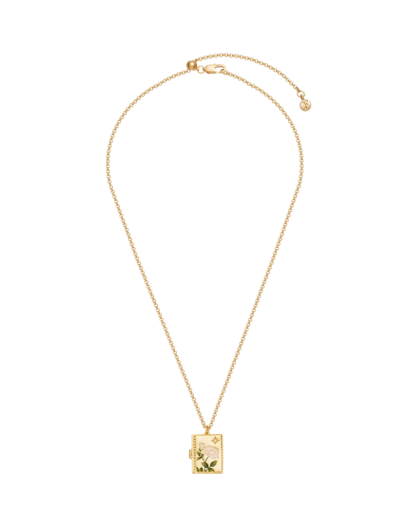 White English Rose Locket Necklace in Gold
