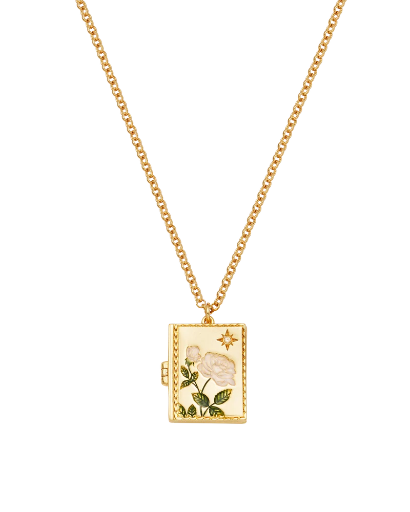 White English Rose Locket Necklace in Gold