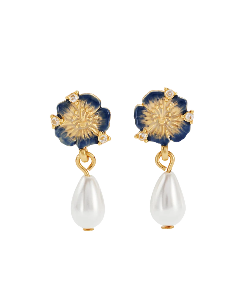Larkspur & Pearl Drop Earrings in Gold