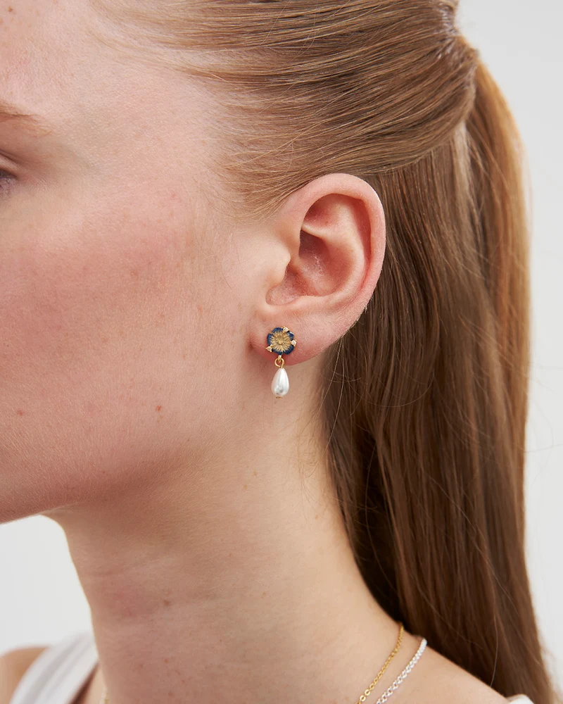 Larkspur & Pearl Drop Earrings in Gold