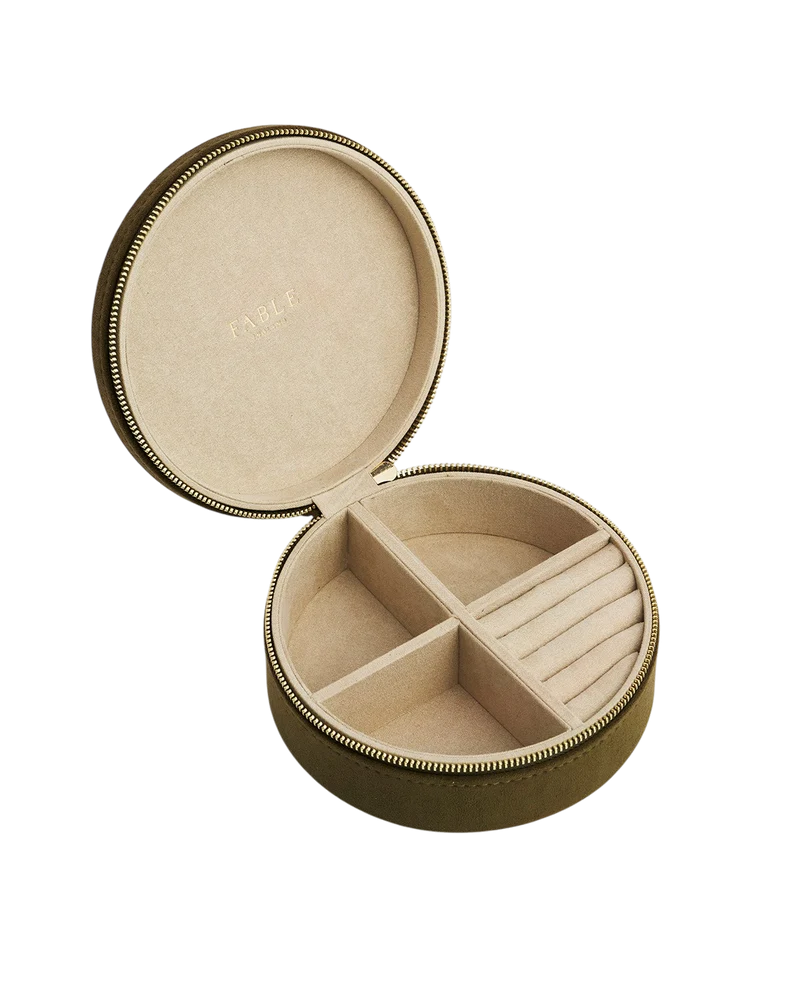 Hedgehog Embroidered Faux Suede Round Jewellery Box in Khaki