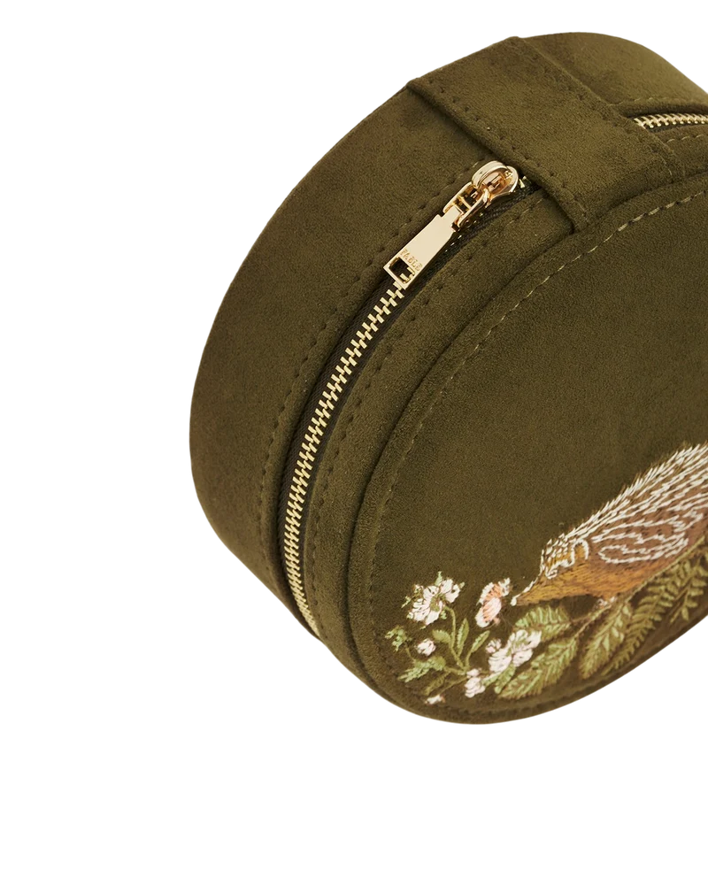 Hedgehog Embroidered Faux Suede Round Jewellery Box in Khaki