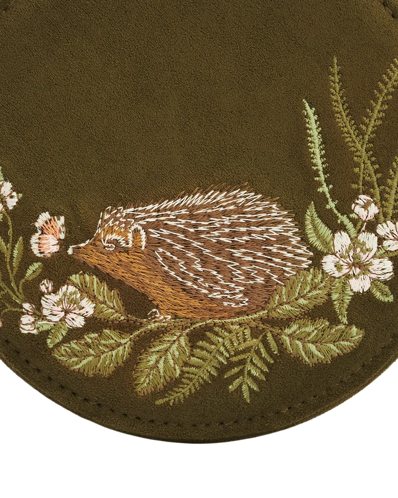 Hedgehog Embroidered Faux Suede Round Jewellery Box in Khaki