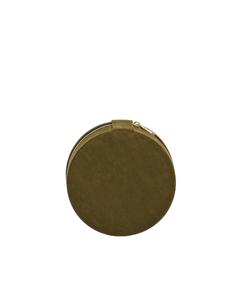 Hedgehog Embroidered Faux Suede Round Jewellery Box in Khaki