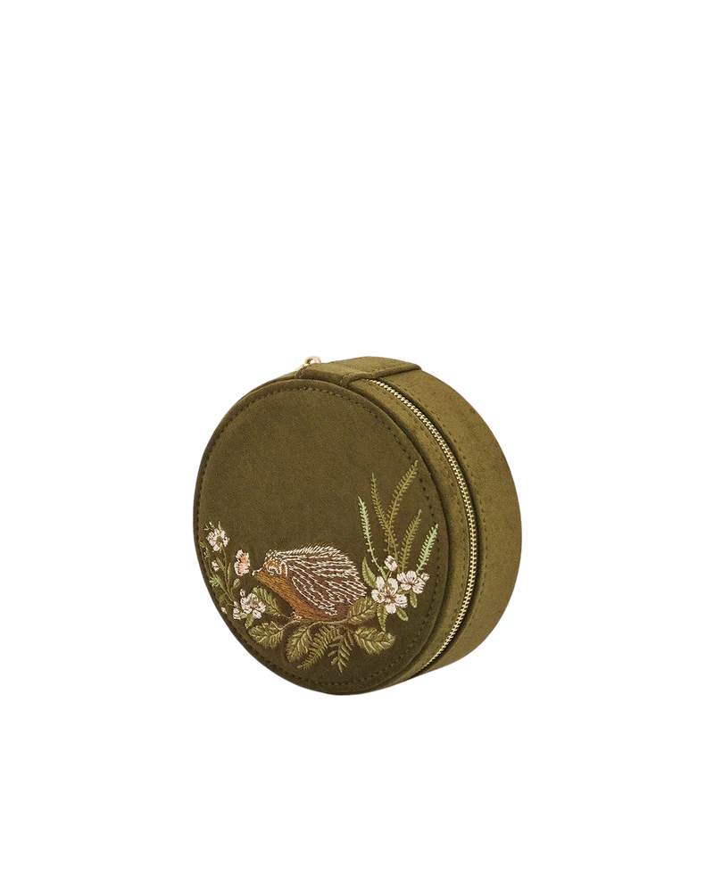 Hedgehog Embroidered Faux Suede Round Jewellery Box in Khaki