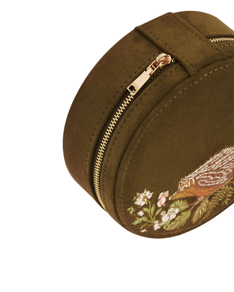 Hedgehog Embroidered Faux Suede Round Jewellery Box in Khaki