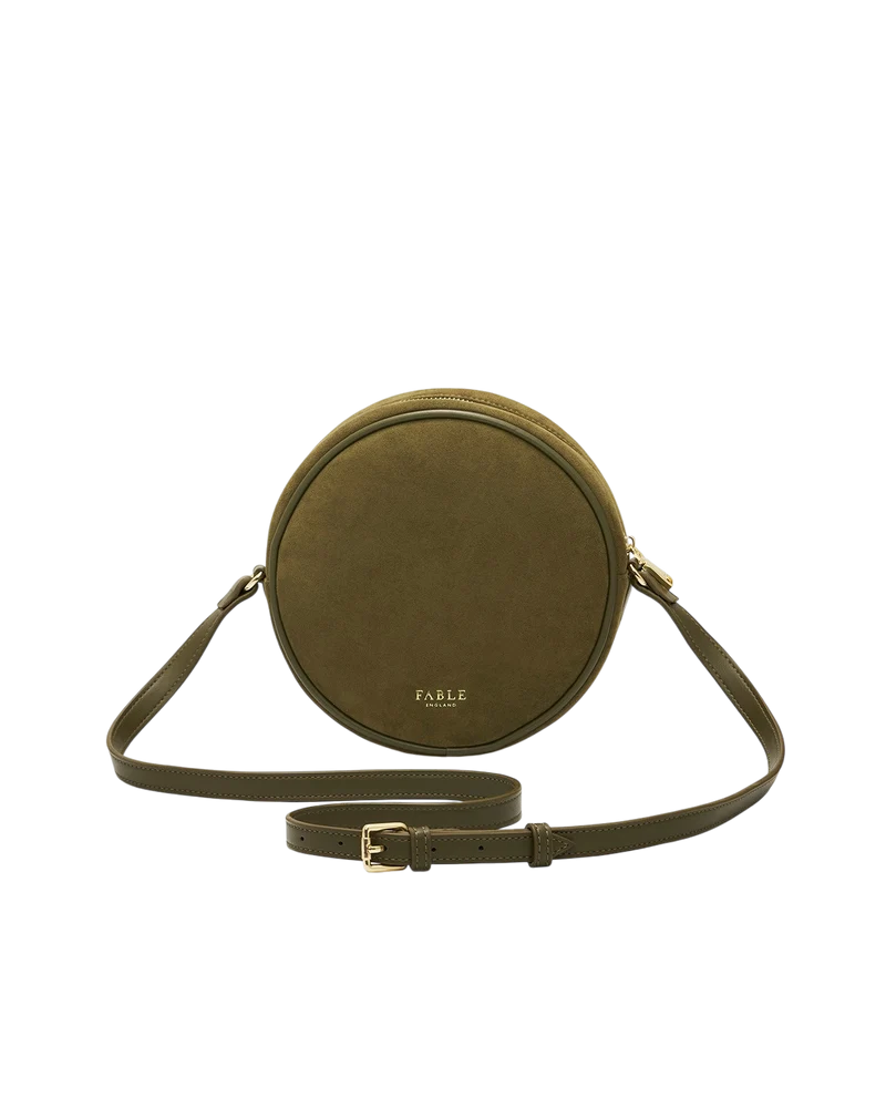 Chloe Hedgehog Embroidered Faux Suede Circle Bag in Khaki