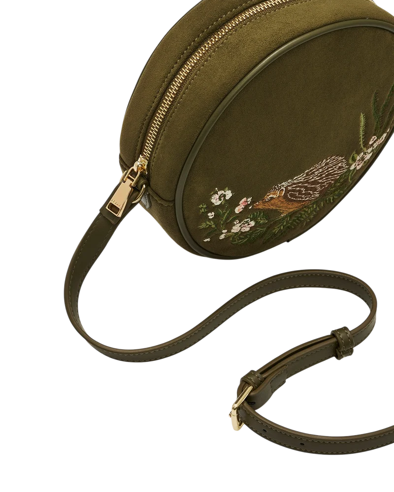 Chloe Hedgehog Embroidered Faux Suede Circle Bag in Khaki
