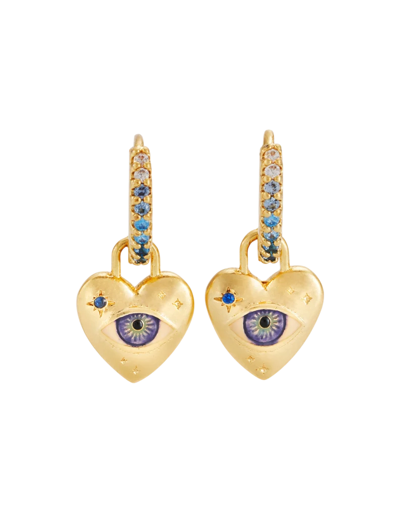 Talisman Eye & Heart Charm Huggie Earrings in Gold