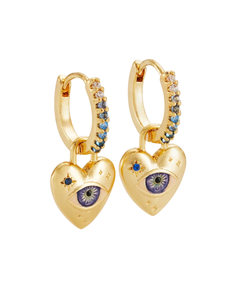 Talisman Eye & Heart Charm Huggie Earrings in Gold
