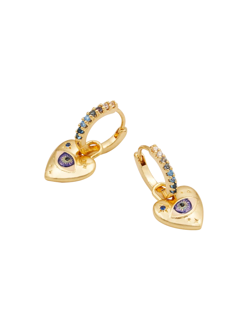 Talisman Eye & Heart Charm Huggie Earrings in Gold