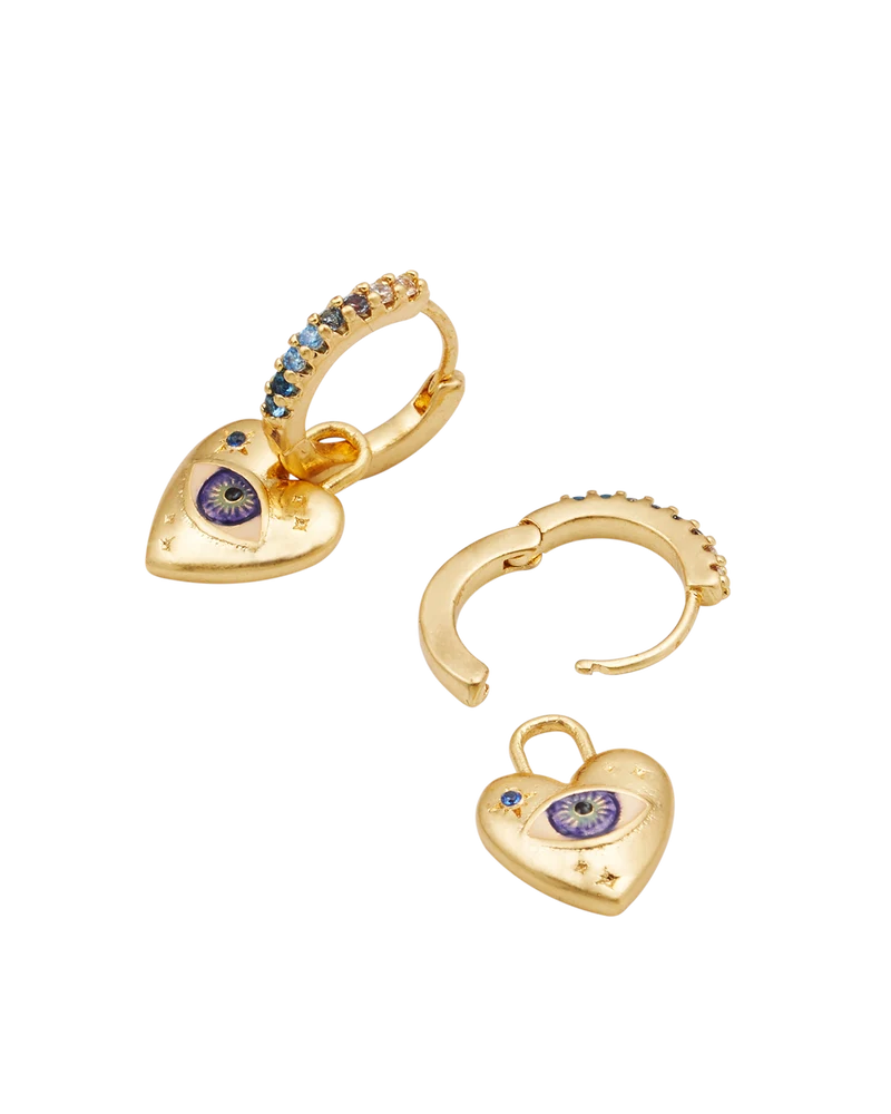 Talisman Eye & Heart Charm Huggie Earrings in Gold