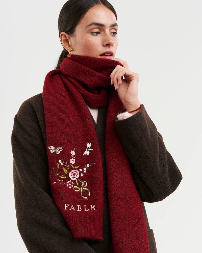 Eve Floral Knitted Scarf in Red Marl