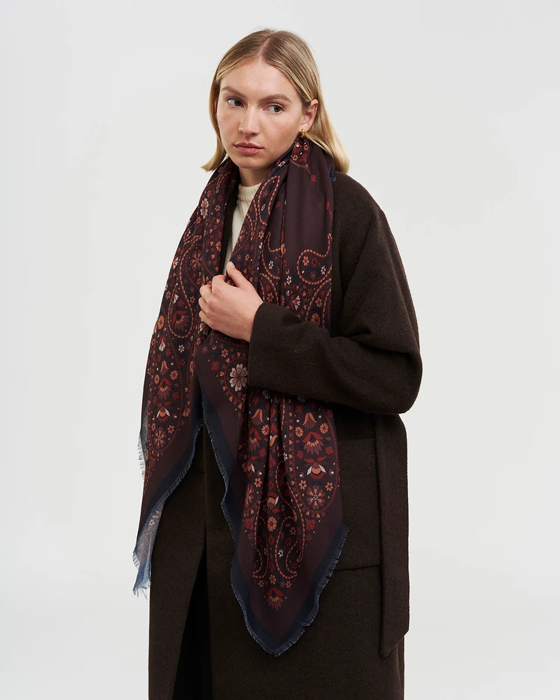 Eve Paisley Square Pashmina Scarf in Chocolate
