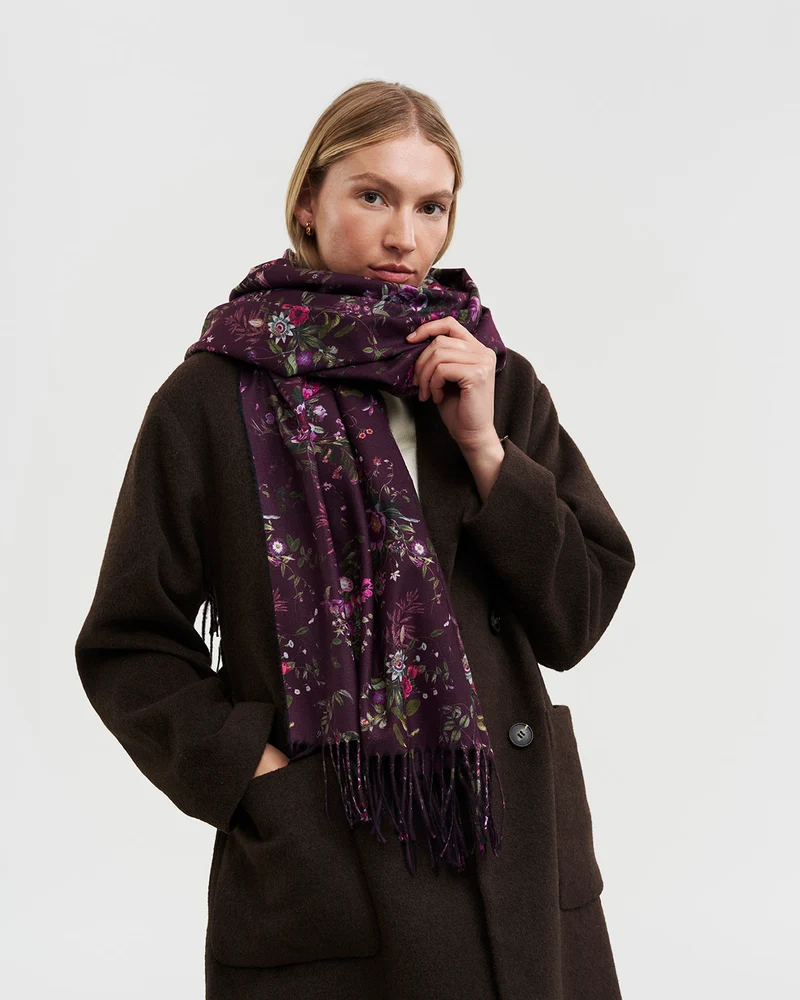 Eve Floral Fringed Scarf in Burgundy