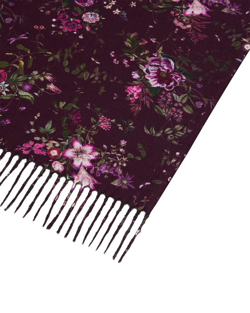 Eve Floral Fringed Scarf in Burgundy