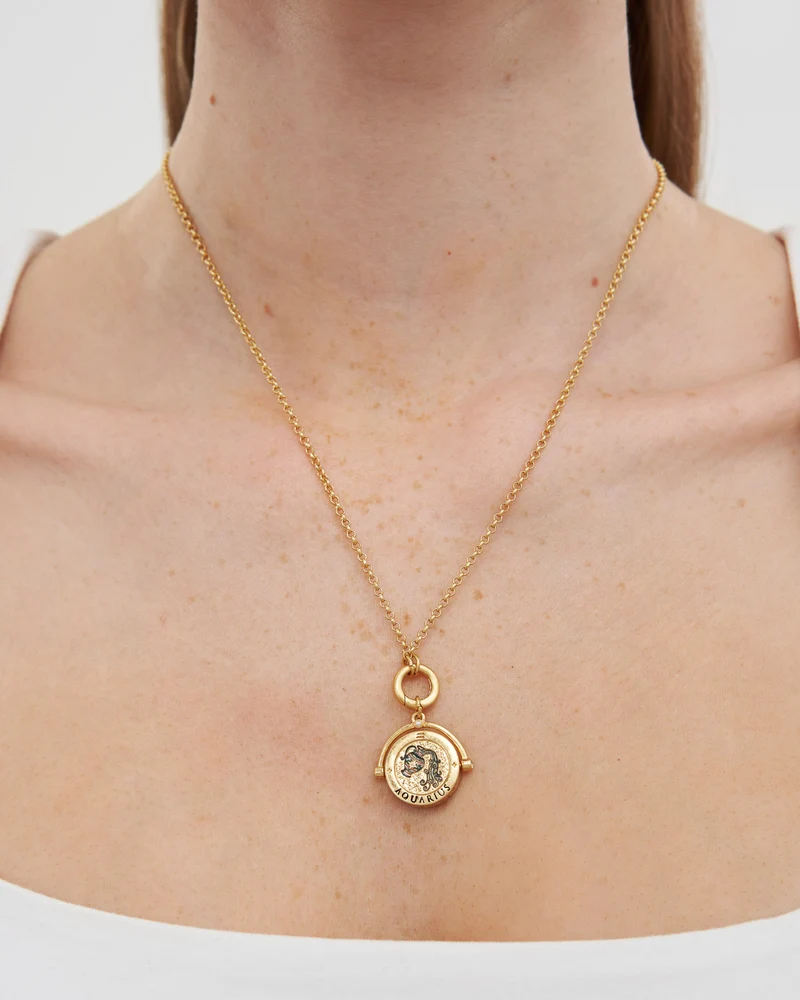 Aquarius Zodiac Spinner Necklace in Gold