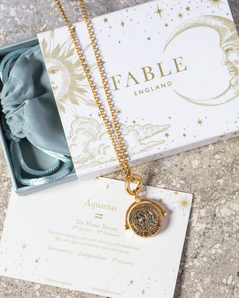 Aquarius Zodiac Spinner Necklace in Gold