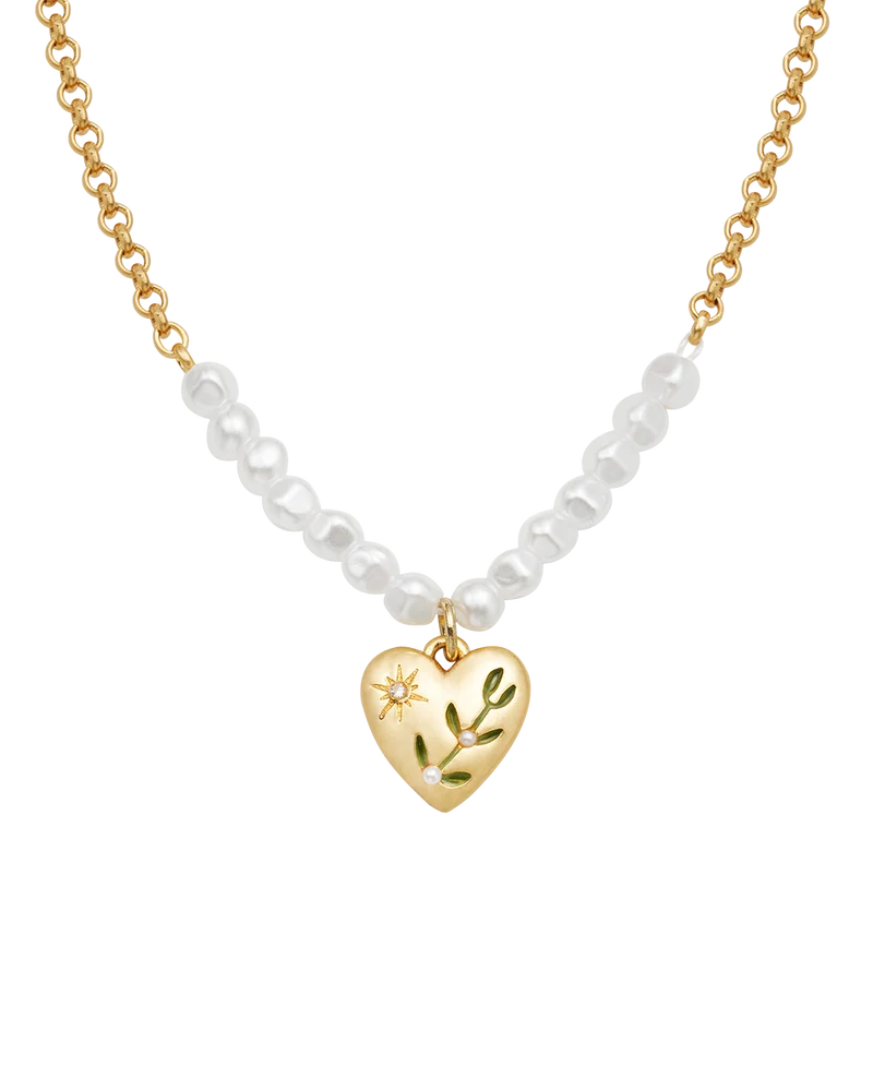 Niva Mistletoe Heart & Pearl Necklace in Gold