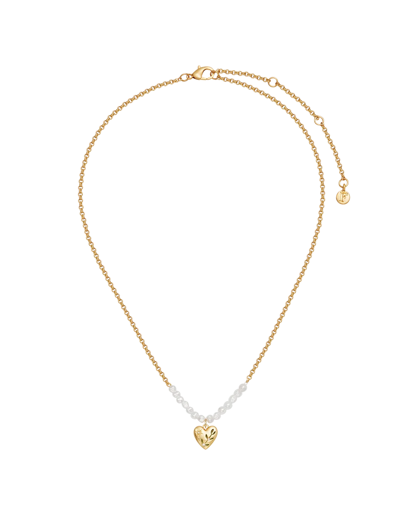 Niva Mistletoe Heart & Pearl Necklace in Gold
