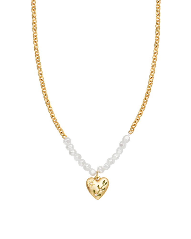 Niva Mistletoe Heart & Pearl Necklace in Gold