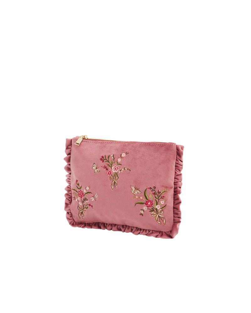 Floral Posy embroidered Medium pouch in Rose Pink Velvet
