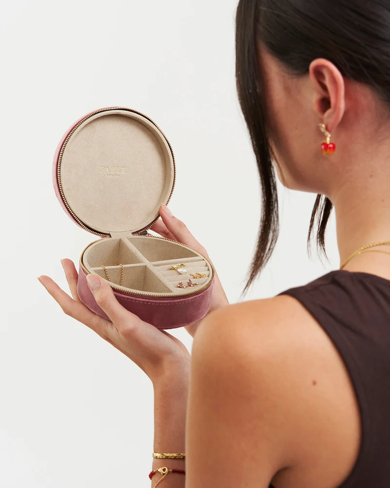 Floral Wreath Embroidered Round Jewellery Box in Rose Pink Velvet