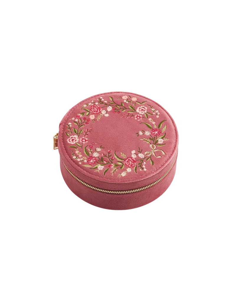 Floral Wreath Embroidered Round Jewellery Box in Rose Pink Velvet
