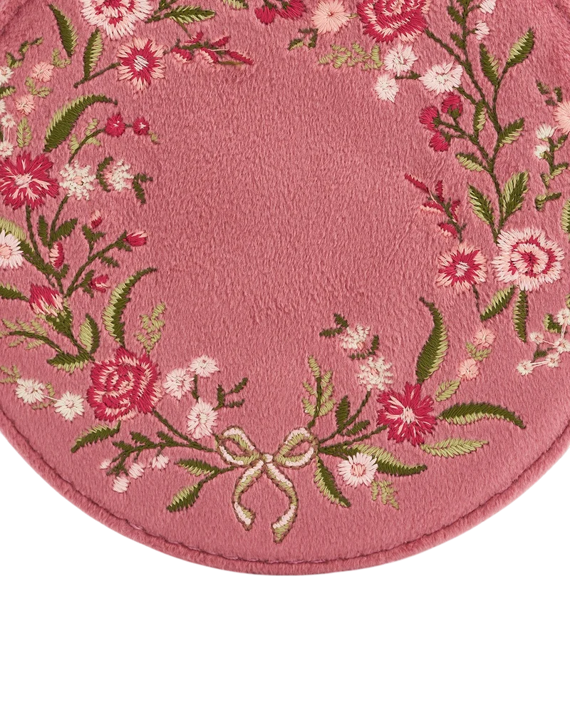 Floral Wreath Embroidered Round Jewellery Box in Rose Pink Velvet