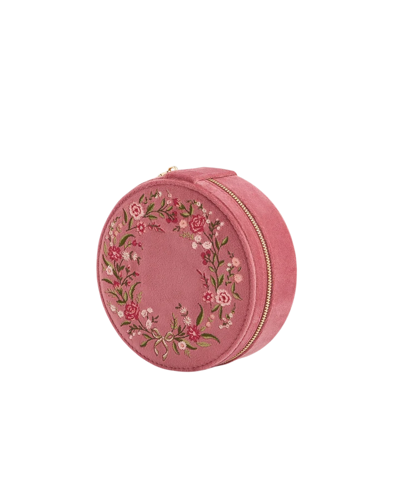 Floral Wreath Embroidered Round Jewellery Box in Rose Pink Velvet