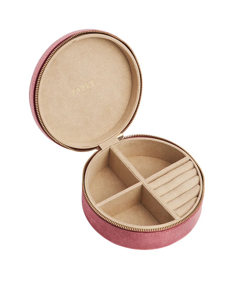 Floral Wreath Embroidered Round Jewellery Box in Rose Pink Velvet