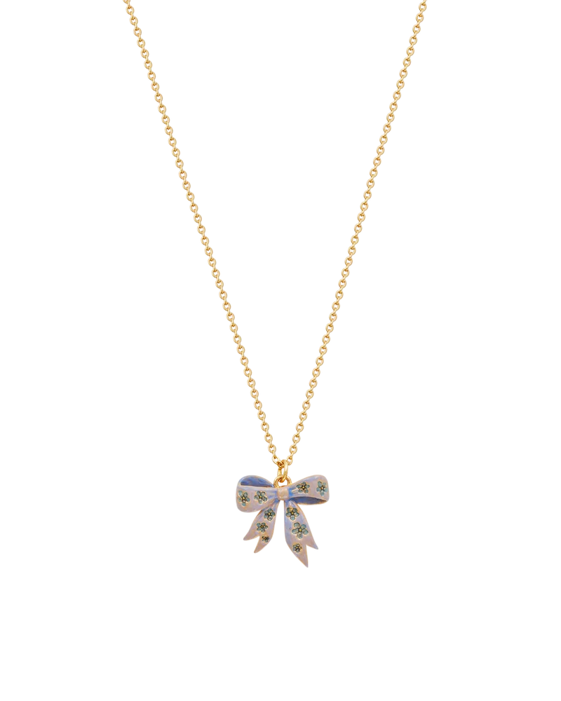 Gold Forget Me Not Bow Pendant Necklace