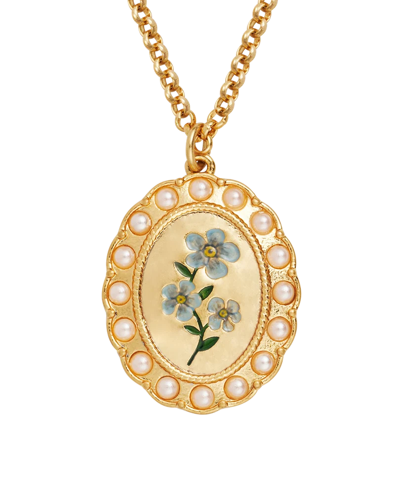Gold Forget Me Not Pearl Cameo Necklace