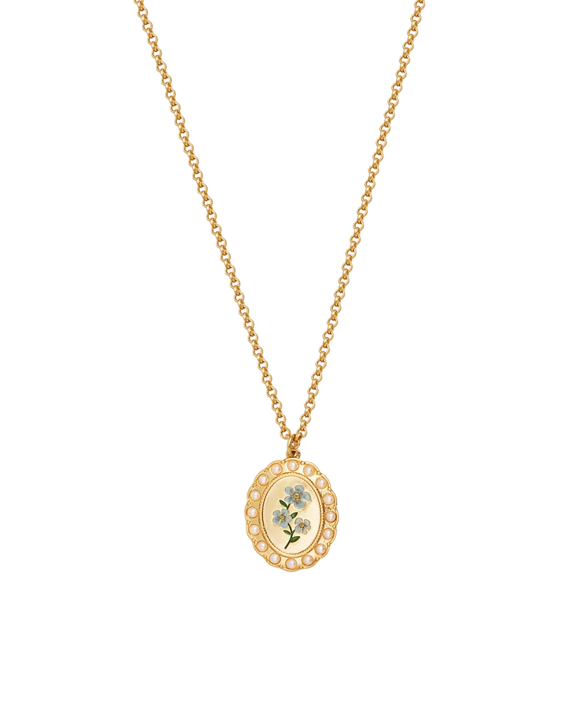 Gold Forget Me Not Pearl Cameo Necklace