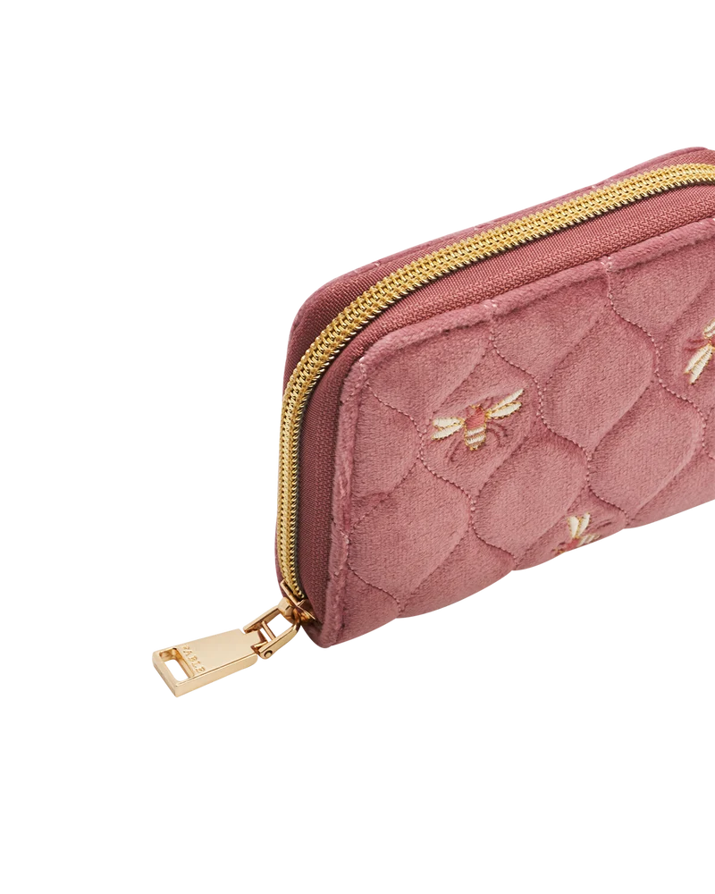 Quilted Bee Embroidered Small Purse in Rose Pink Velvet