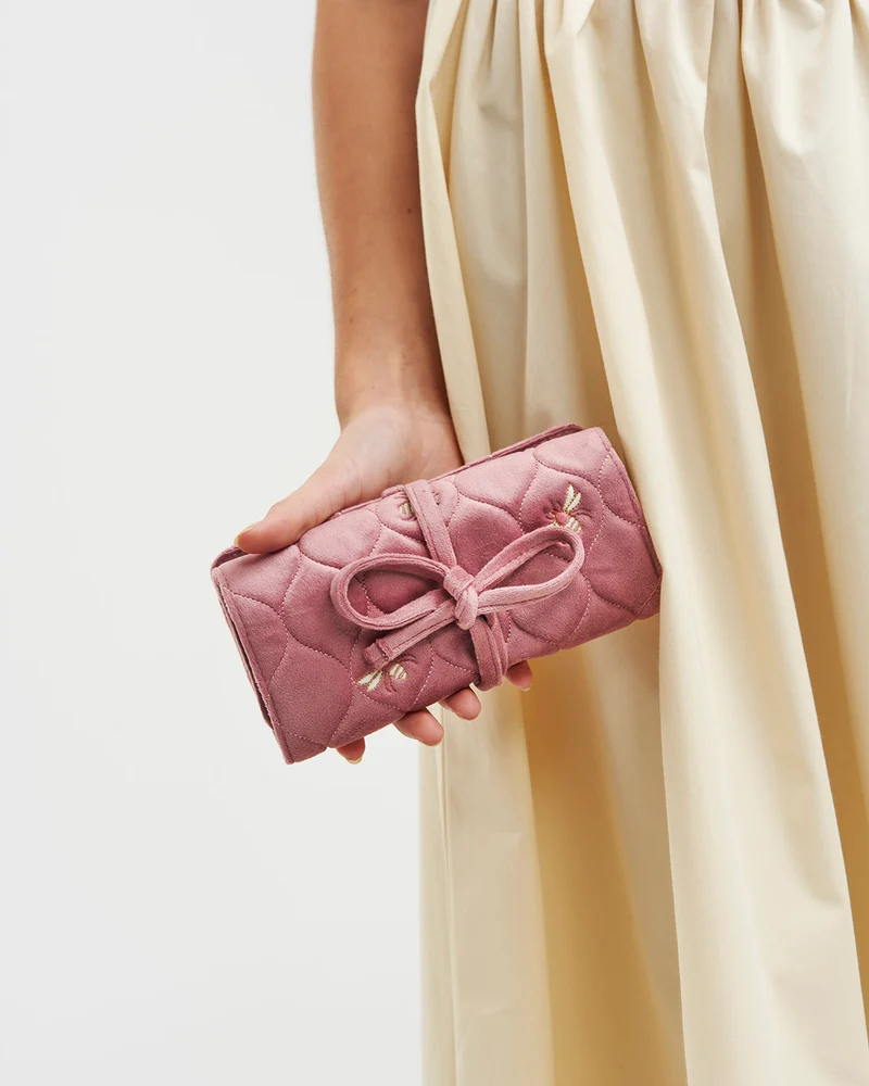 Quilted Bee Embroidered Jewellery Roll In Rose Pink Velvet