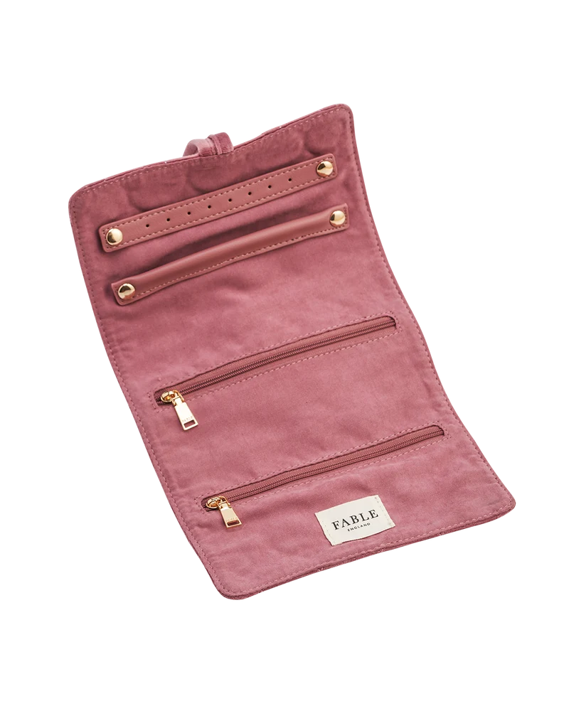 Quilted Bee Embroidered Jewellery Roll In Rose Pink Velvet