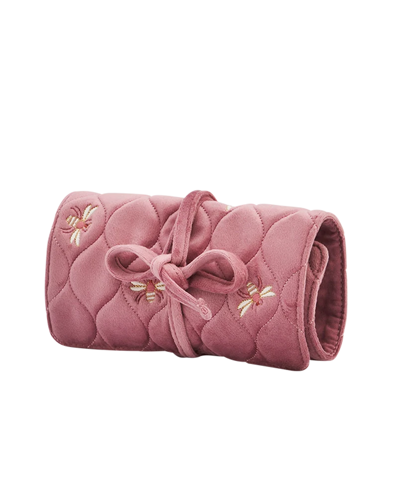 Quilted Bee Embroidered Jewellery Roll In Rose Pink Velvet